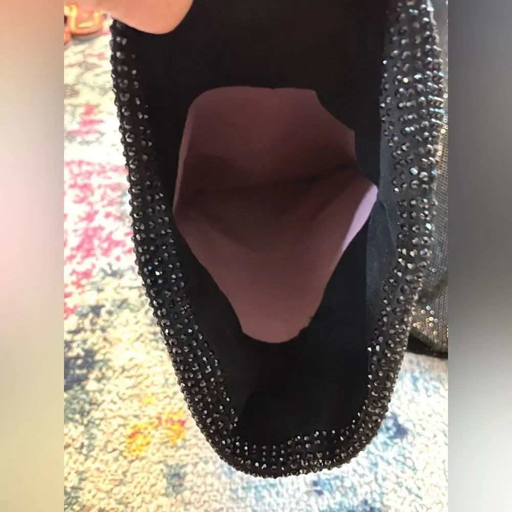 Black Rhinestone Over The Knee Thigh High Pull On Boots Triangle Heel 10